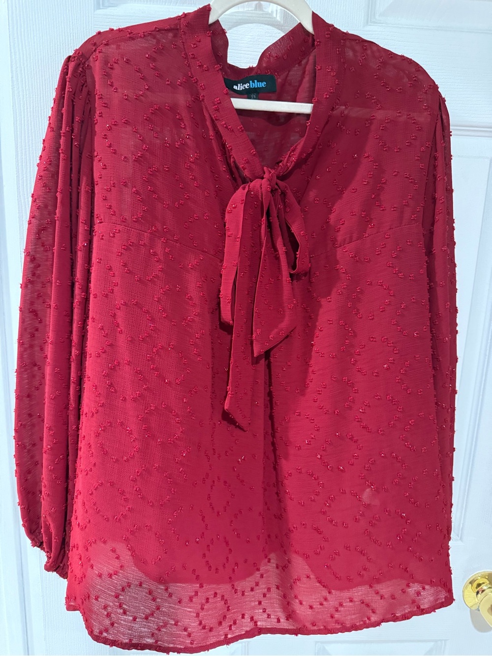 Alice Blue Crimson Dot-Textured Tie-Neck Blouse